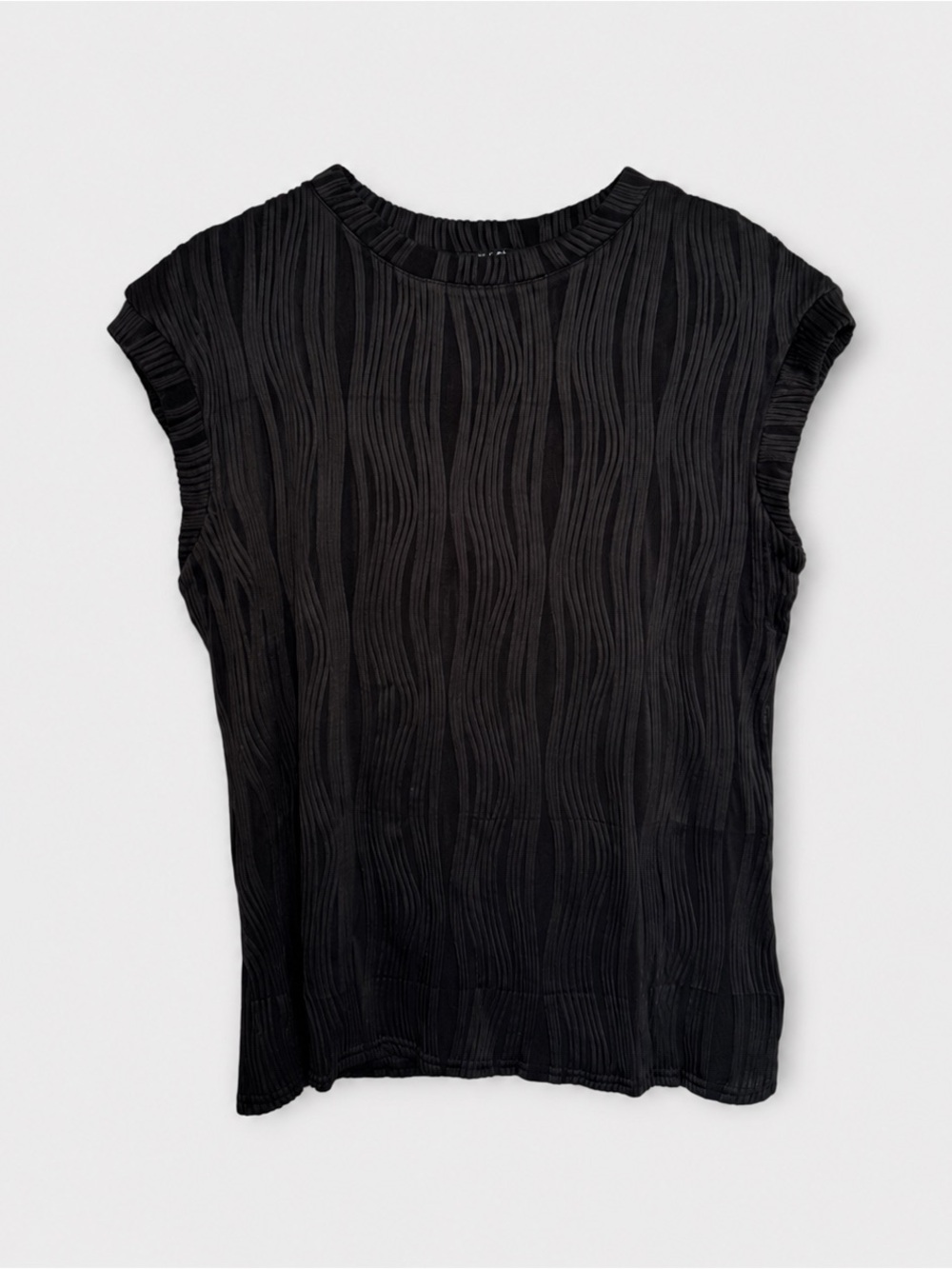 ZANZEA Black Pleated Textured Blouse Top Medium Cap Sleeve Stretch